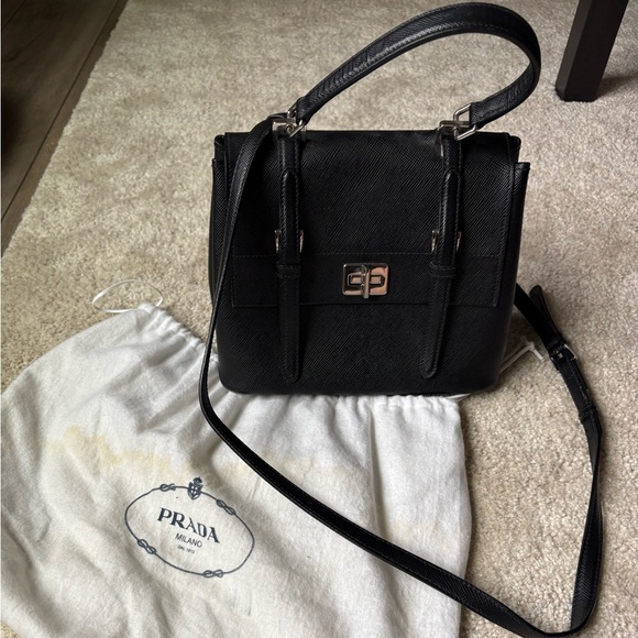 ✨GENUINE✨ PRADA Leather Black Saffiano Small 2015 Satchel - Picture 1 of 9